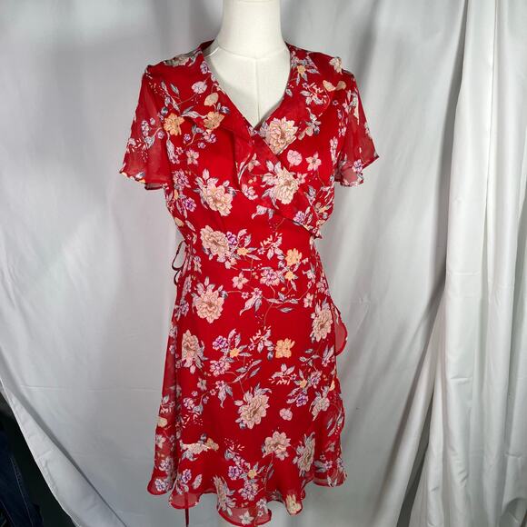 Lush Red Floral Wrap Dress Women's Medium Short Sleeve Ruffle Chiffon Lined - Picture 15 of 15